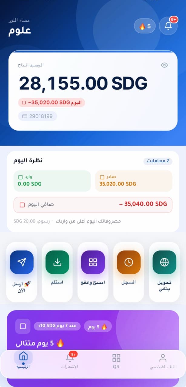 FalyPay mobile app home screen showing the available balance, today’s overview and quick actions